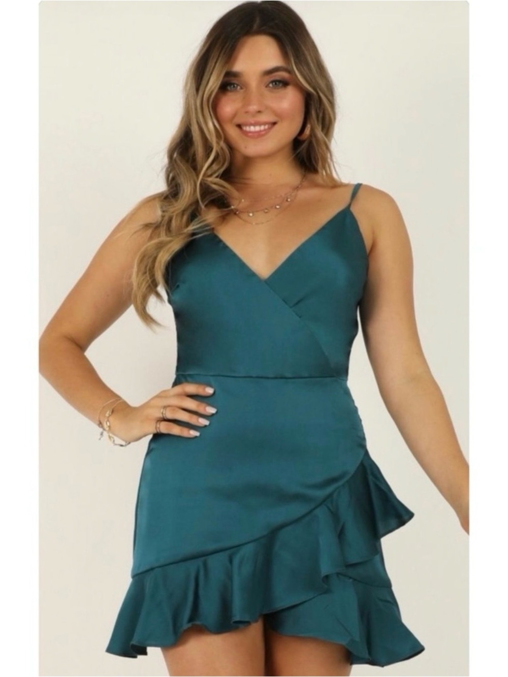 NWT SHOWPO | Cloud Cover Teal Satin‎ Ruffle Mini Dress Sz. 12 Party Date Night